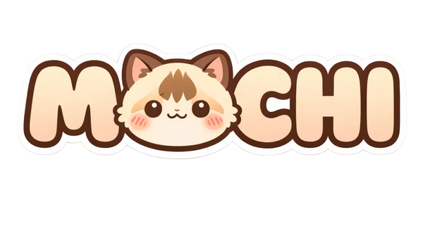 Sticker with a cute cat face design inside the word 'Mochi' on a white background